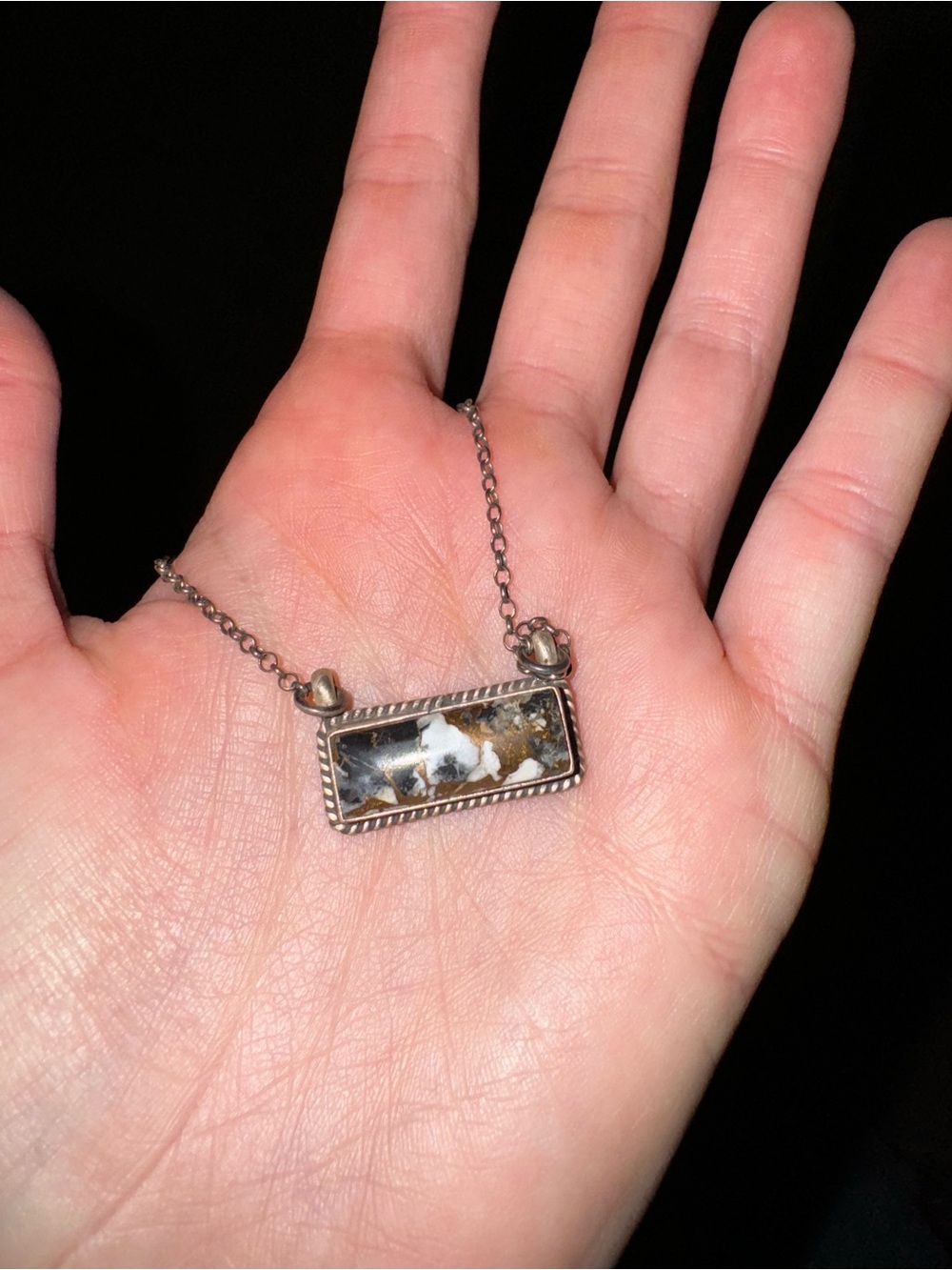 Stamped Sterling Silver Rectangular Jasper Pendant Necklace in Brown and White